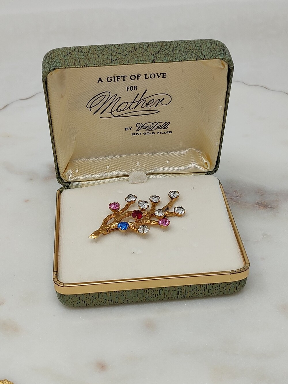 Vintage Van Dell 12K Gold Filled Rhinestone Branch Brooch Pin w/ Original Box